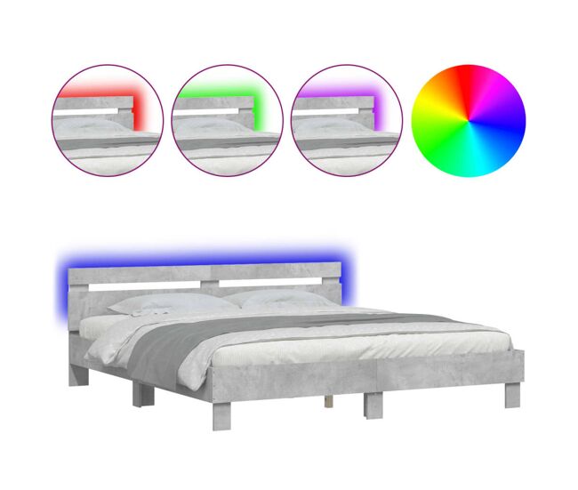 Estrutura de cama de casal cabeceira e luzes led - 180x200cm cinzento cimento