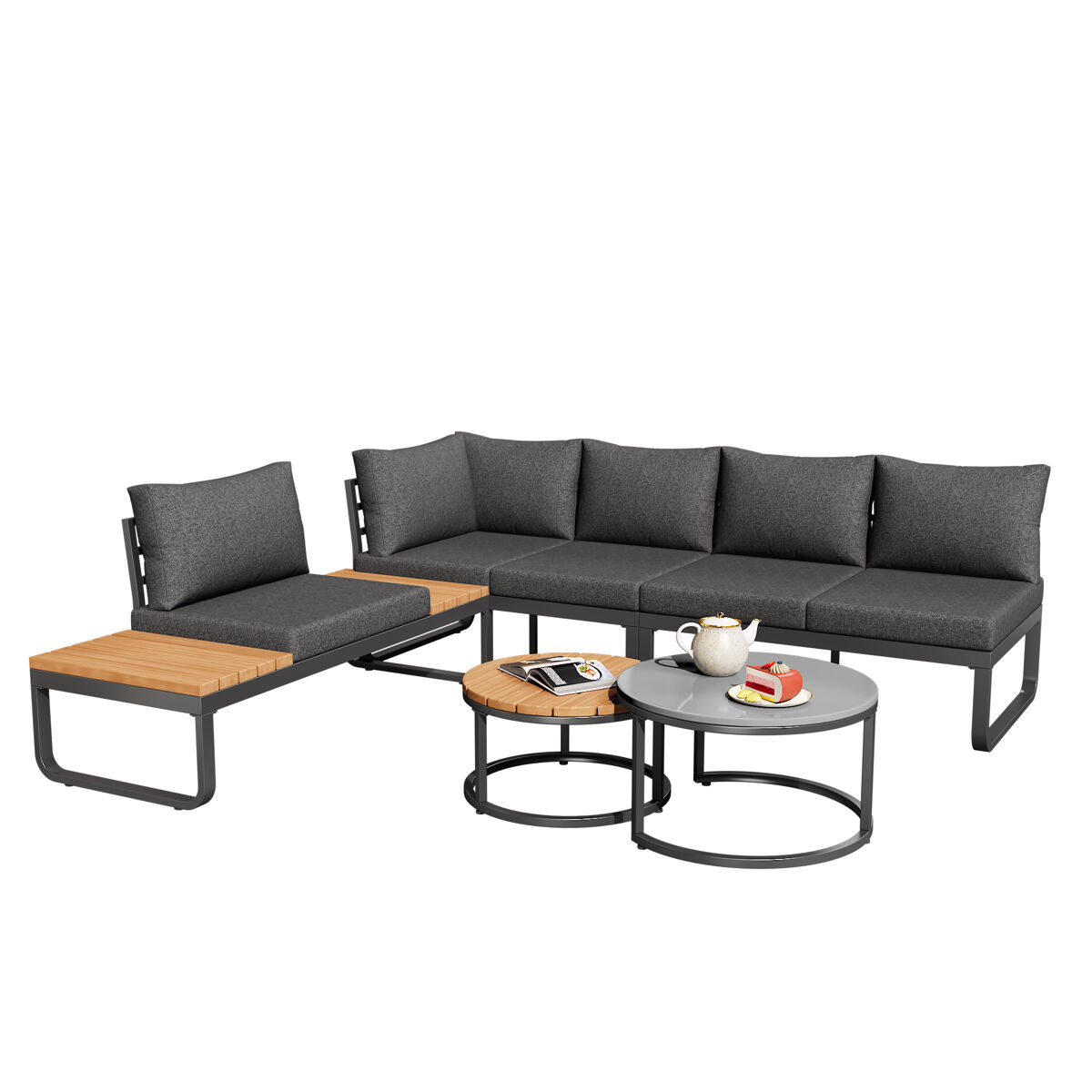 Conjunto de móveis de jardim para 4-5 pessoas - 2 mesas empilháveis - estrutura metálica - gris