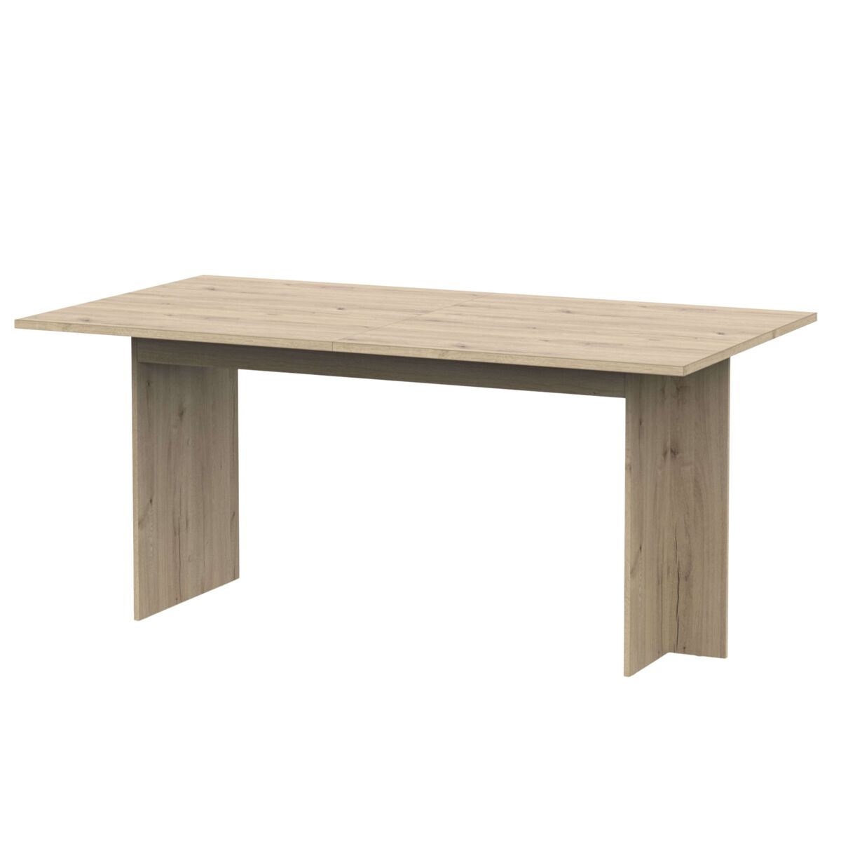 Conjunto de móveis para sala de estar lead, composto por rack para tv, aparador, estante e mesa de jantar extensível. acabamento em carvalho artesanal e branco fosco.