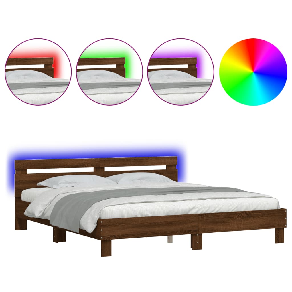 Estrutura de cama de casal c/ cabeceira/luzes led - 180x200cm carvalho castanho