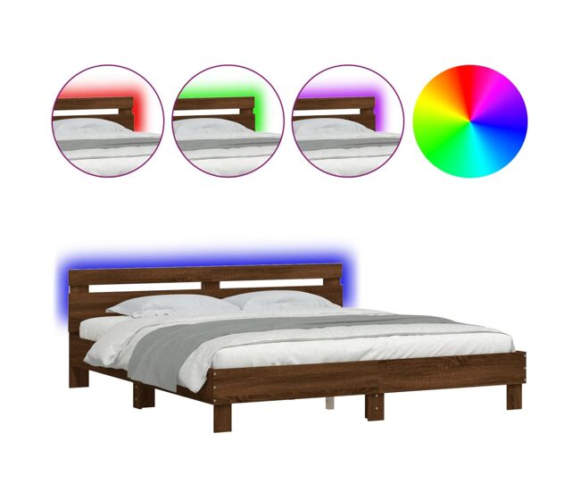 Estrutura de cama de casal c/ cabeceira/luzes led - 180x200cm carvalho castanho