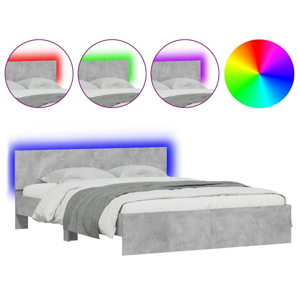 Estrutura de cama de casal cabeceira e luzes led - 150x200cm cinzento cimento