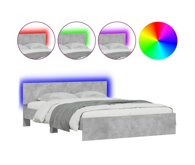 Estrutura de cama de casal cabeceira e luzes led - 150x200cm cinzento cimento