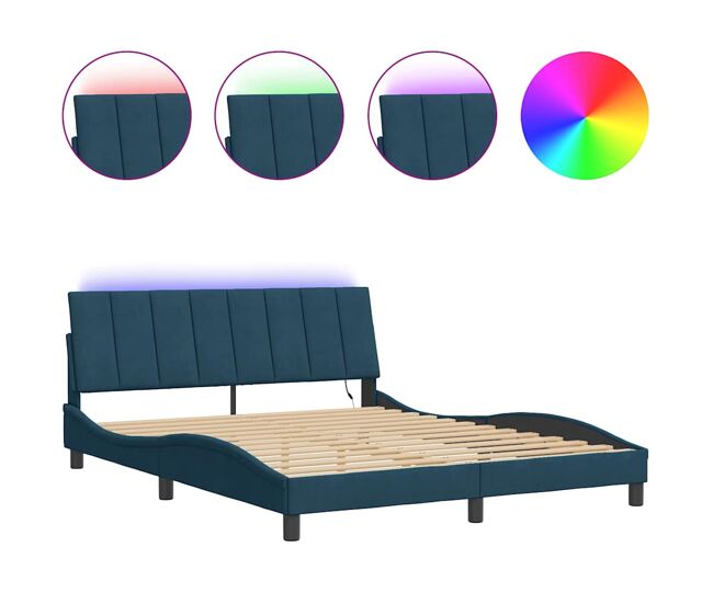 Estrutura de cama de casal moderno com led - 200x200 cm veludo azul
