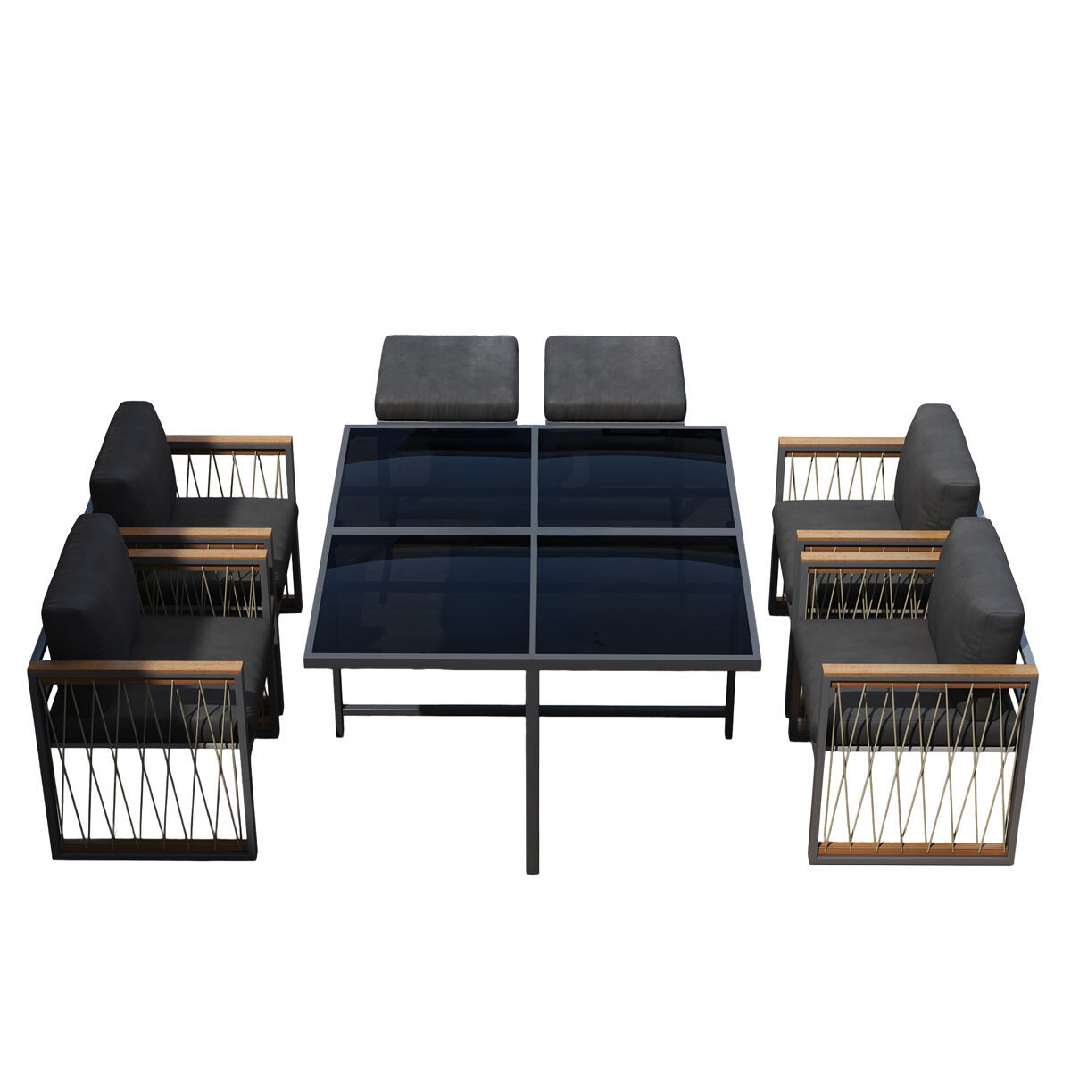 Conjunto de sala de jantar exterior de 7 peças - mesa de vidro temperado, tampo em madeira de acácia, para 6 pessoas - preto+natural
