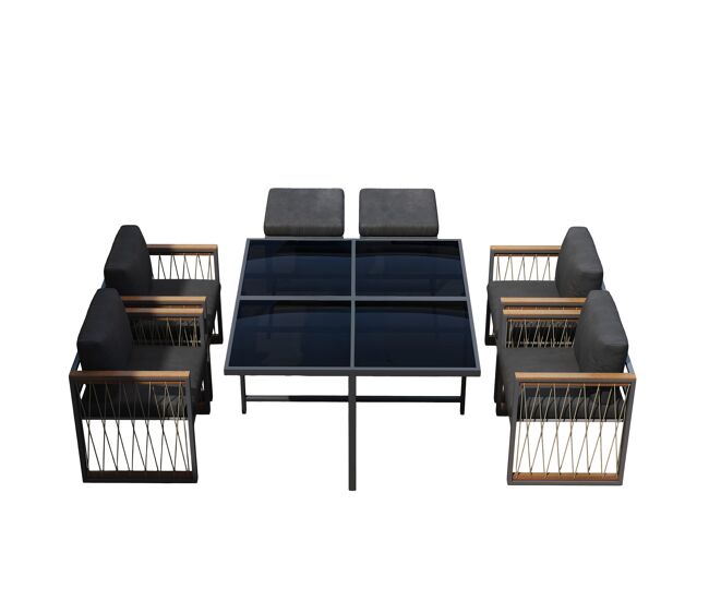 Conjunto de sala de jantar exterior de 7 peças - mesa de vidro temperado, tampo em madeira de acácia, para 6 pessoas - preto+natural