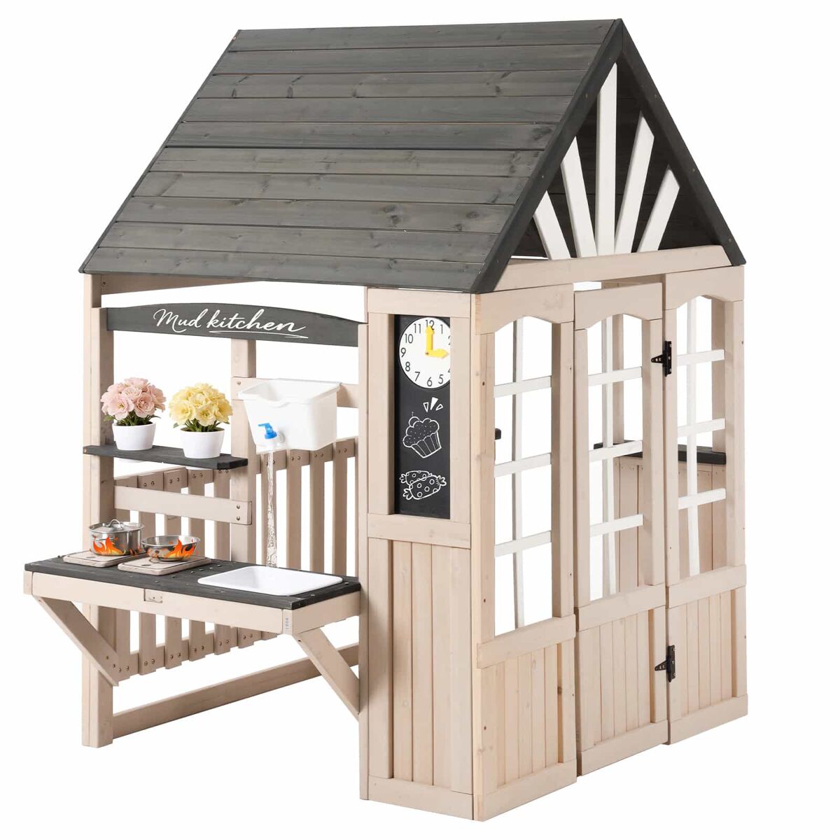 Cozinha infantil de barro em madeira para exterior – com torneira de água a funcionar, casinha de brincar em madeira para jardim, brinquedos infantis, presente para maiores de 3 anos – cinza+beige