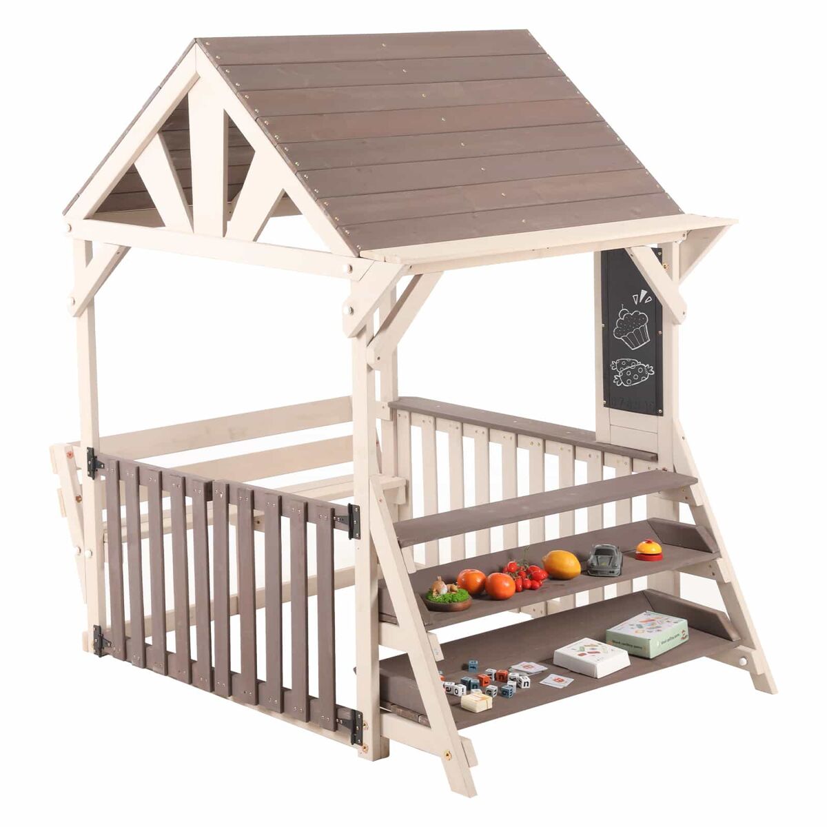 Cozinha infantil de exterior em madeira com formato de casinha - com telhado impermeável e grades semifechadas, prateleira multifuncional para plantas