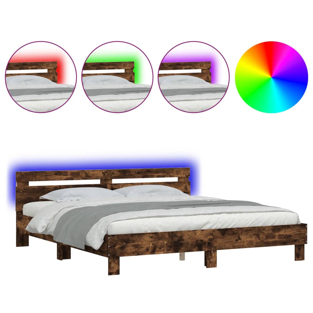 Estrutura cama de casal simple c/ cabeceira/luzes led 160x200cm carvalho fumado