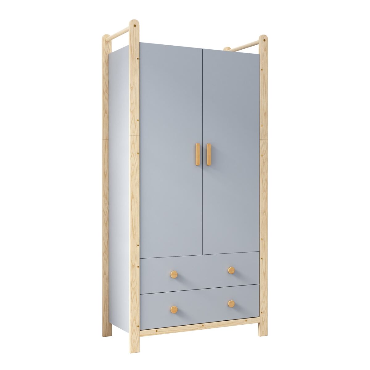 Armário 90x45x180 cm - com barra, 2 gavetas, para quarto, sala, hall de entrada - azul + pinho