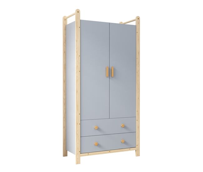 Armário 90x45x180 cm - com barra, 2 gavetas, para quarto, sala, hall de entrada - azul + pinho