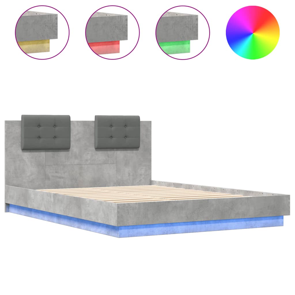 Estrutura cama de casal simple c/ cabeceira/luzes led 150x200 cm cinza cimento
