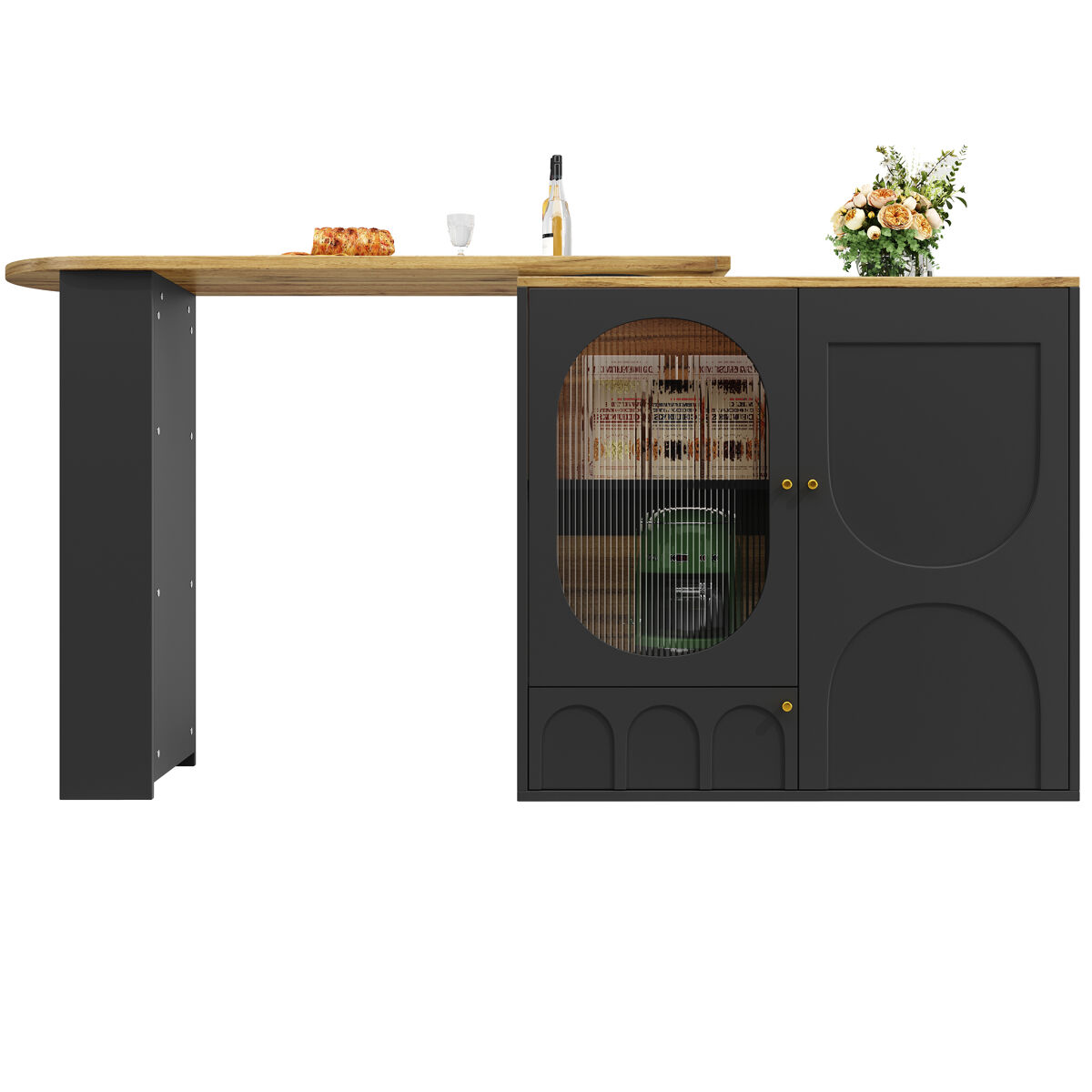 Mesa de bar giratória 138x39x102 cm - móvel de cozinha com arrumação, ilha de cozinha, três portas, prateleiras, divisórias removíveis - preto