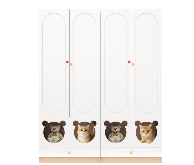 Armário infantil 160x50x200 cm - 2 peças, barra para pendurar, cama para gato - branco+natural