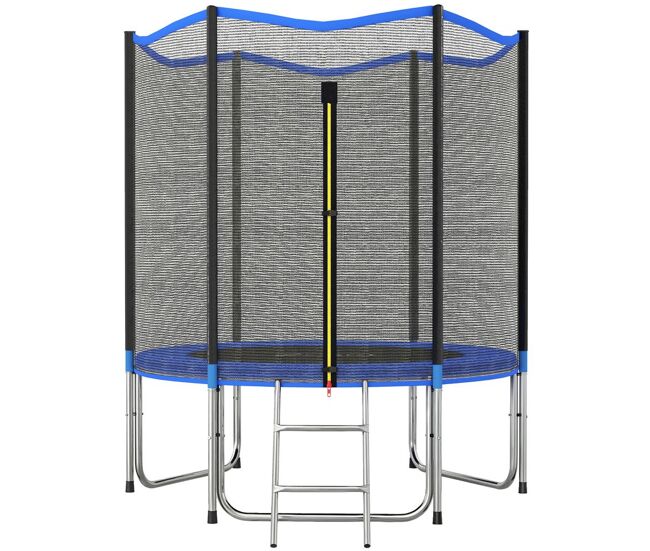 Sportnow cama elástica para crianças exterior ø183 cm, trampolim para +6 anos com rede de segurança, escada, acolchoamento de molas e estrutura de aço