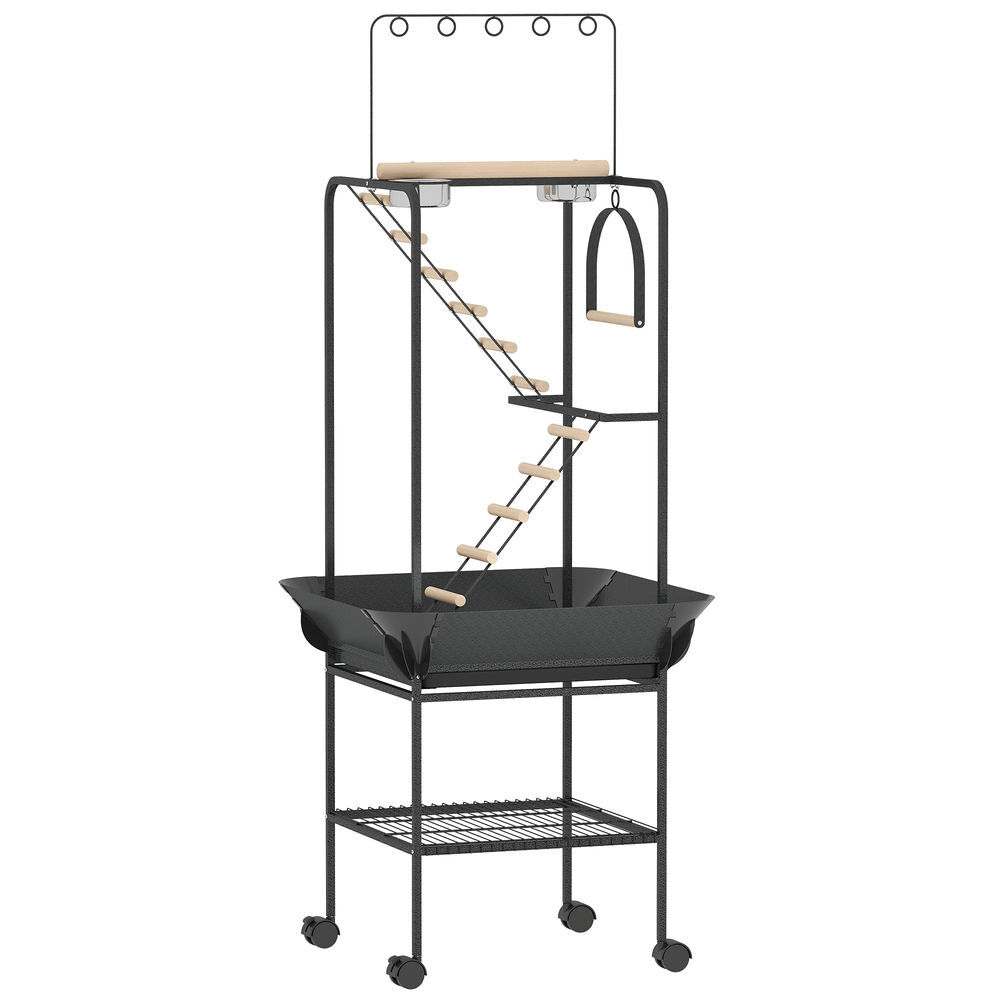 Pawhut parque de jogos para pássaros, suporte para pássaros com rodas, escadas, baloiço, protetor de sementes, bandeja, comedouros, poleiros, gancho,