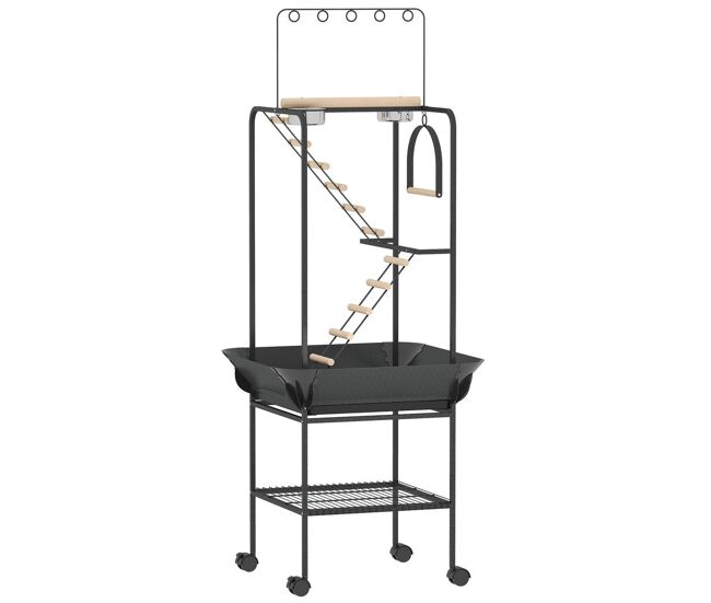 Pawhut parque de jogos para pássaros, suporte para pássaros com rodas, escadas, baloiço, protetor de sementes, bandeja, comedouros, poleiros, gancho,