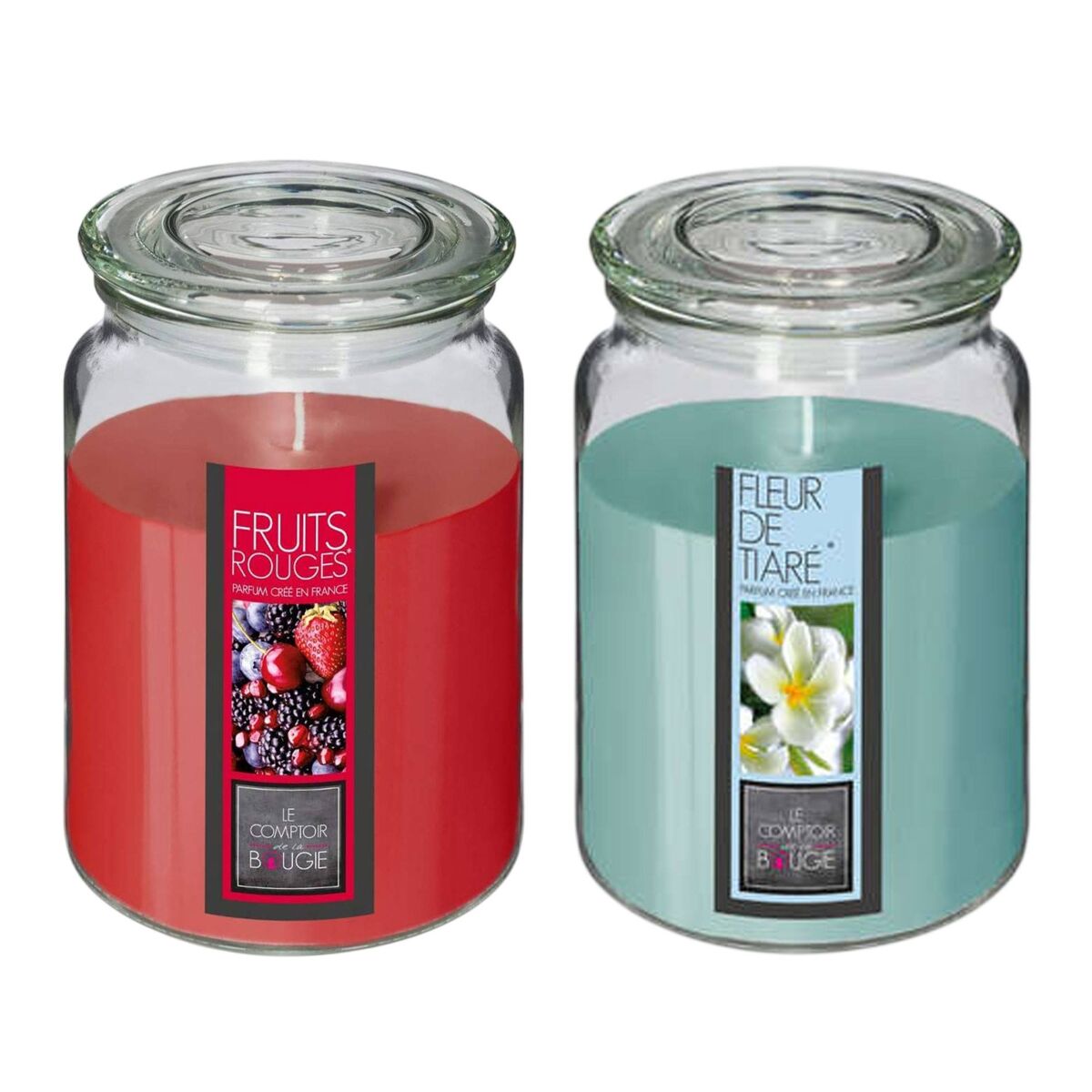Conjunto de 2 velas perfumadas (flor de tiare + frutos vermelhos)