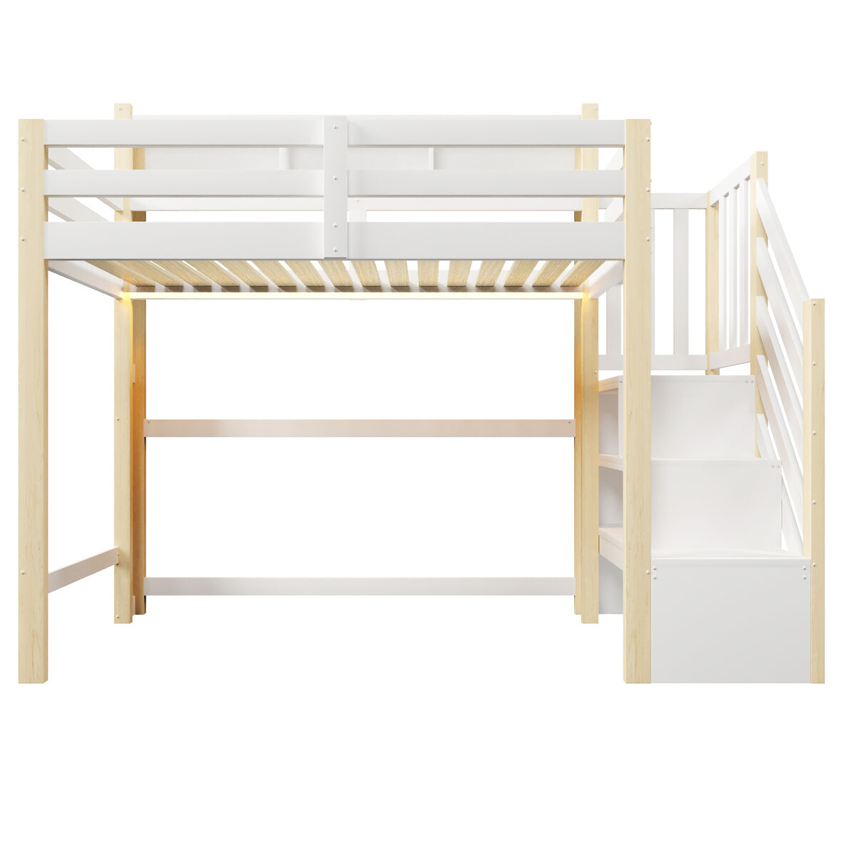 Beliche 90x200 cm - com luzes led, grande espaço de arrumação, escada com prateleiras, sem colchão - branco e natural