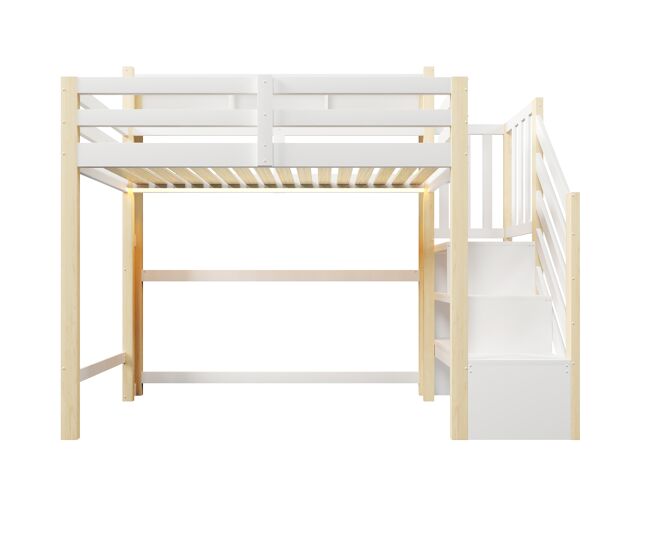 Beliche 90x200 cm - com luzes led, grande espaço de arrumação, escada com prateleiras, sem colchão - branco e natural
