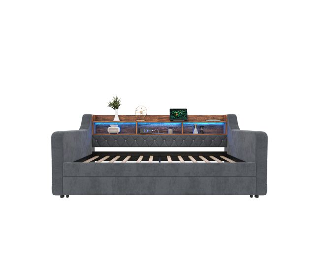 Sofá-cama 90x190 cm - com arrumação, led, usb-c, 12 lâminas, estrutura metálica e de madeira - cinza