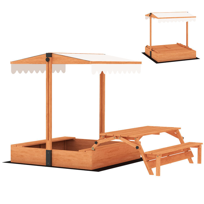 Aiyaplay caixa de areia para enfants em madeira com toldo ajustável mesa dobrável de piquenique com bancos caixa infantil com assentos cobertura para 6 enfants dos 3 aos 8 anos para jardim 184x110x120 cm castanho
