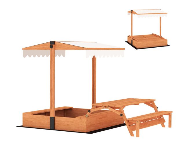 Aiyaplay caixa de areia para enfants em madeira com toldo ajustável mesa dobrável de piquenique com bancos caixa infantil com assentos cobertura para 6 enfants dos 3 aos 8 anos para jardim 184x110x120 cm castanho