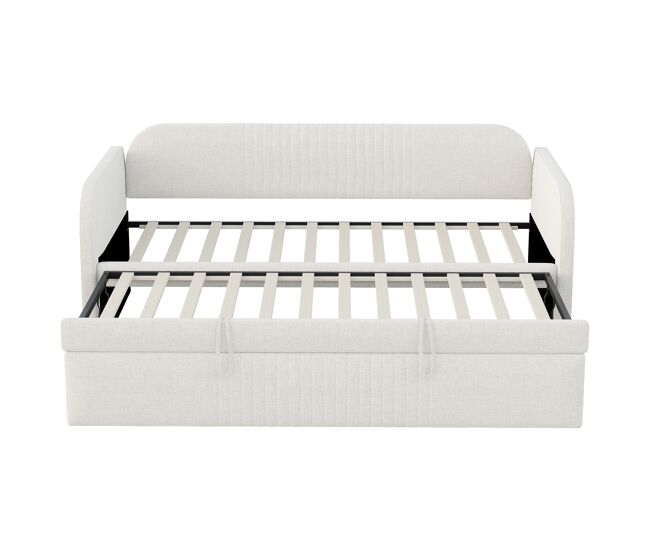 Sofá-cama extensível 90/180*190 cm - com riscas verticais, com estrado, multifuncional - bege