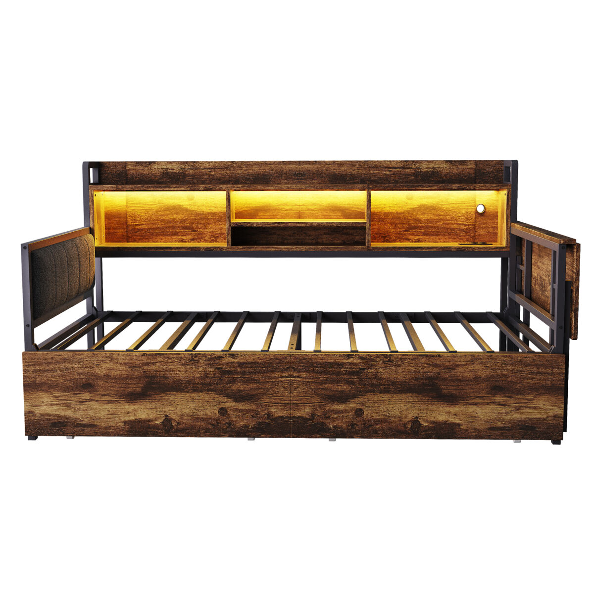 Sofá-cama de ferro 90 x 200 cm - com iluminação led, arrumação, gavetas e secretária dobrável - cor madeira