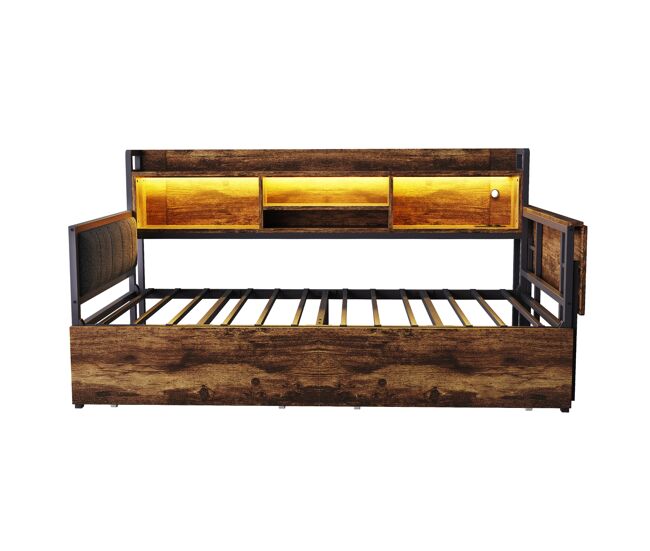 Sofá-cama de ferro 90 x 200 cm - com iluminação led, arrumação, gavetas e secretária dobrável - cor madeira