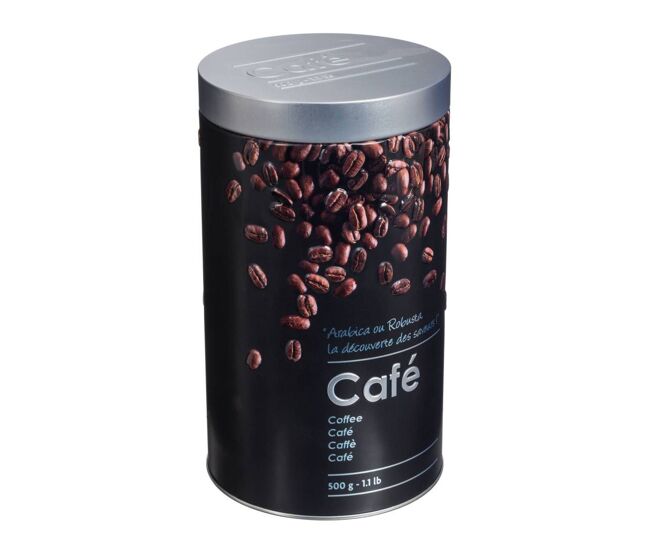 Lata de café well home em metal com relevo, edição preta.
