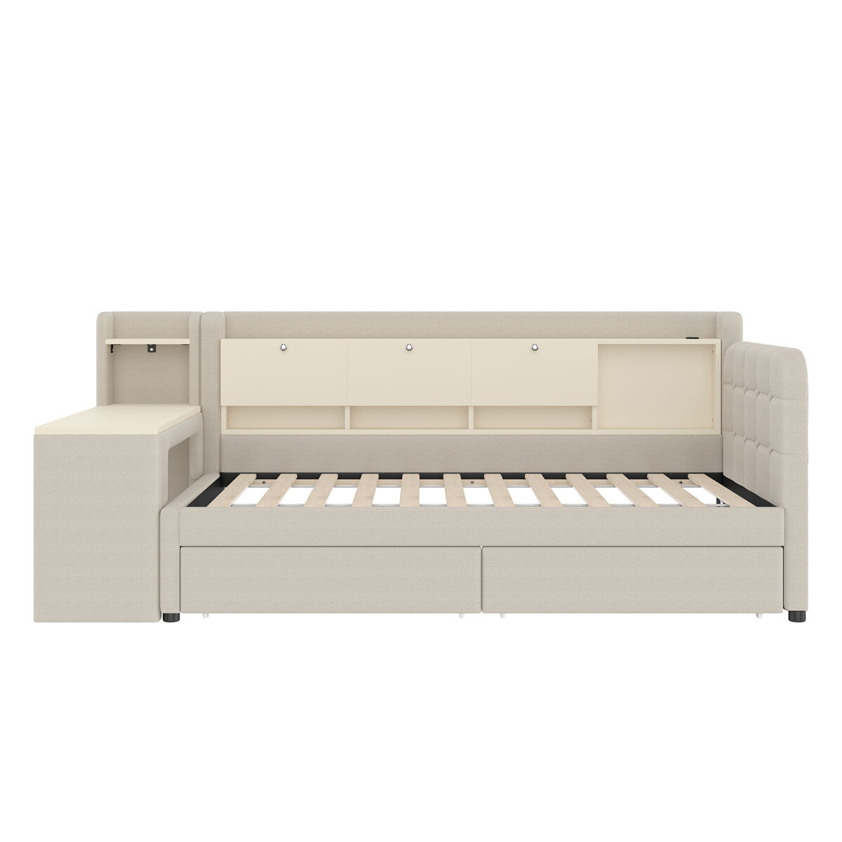 Daybett 90x200 cm - sofá-cama com 2 gavetas, secretária, usb + tipo c, arrumação, linho, bege