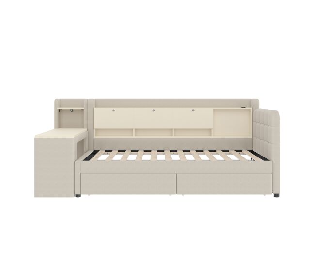 Daybett 90x200 cm - sofá-cama com 2 gavetas, secretária, usb + tipo c, arrumação, linho, bege