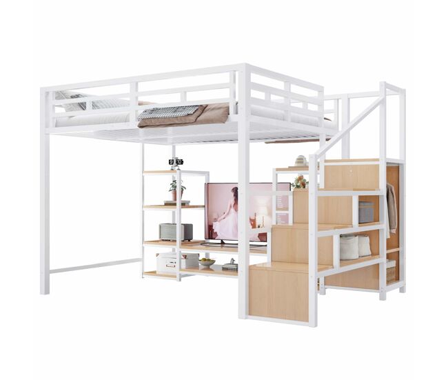 Cama alta 140x200 - com suporte para tv, tomada elétrica e escada de segurança, combinação de metal e madeira, moderna e economizadora de espaço, cama