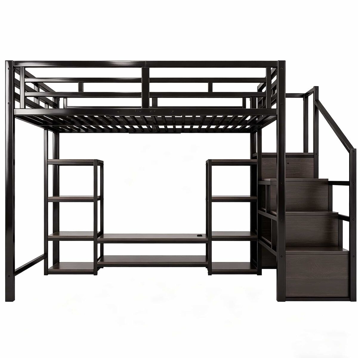 Beliche alto 140x200 - suporte para tv, tomada, escada de segurança, arrumação, combinação de metal e madeira - preto