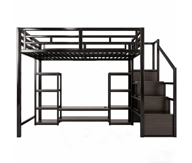 Beliche alto 140x200 - suporte para tv, tomada, escada de segurança, arrumação, combinação de metal e madeira - preto