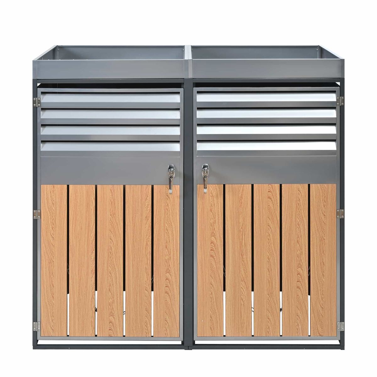 Contentor do lixo 132x80x124,5 cm - com ventilação de ripas, com fechadura, 2 portas, área para plantas - cinza/madeira