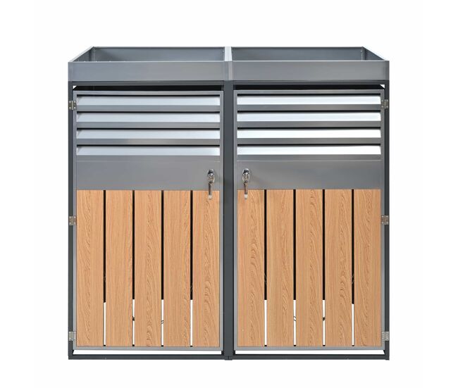 Contentor do lixo 132x80x124,5 cm - com ventilação de ripas, com fechadura, 2 portas, área para plantas - cinza/madeira