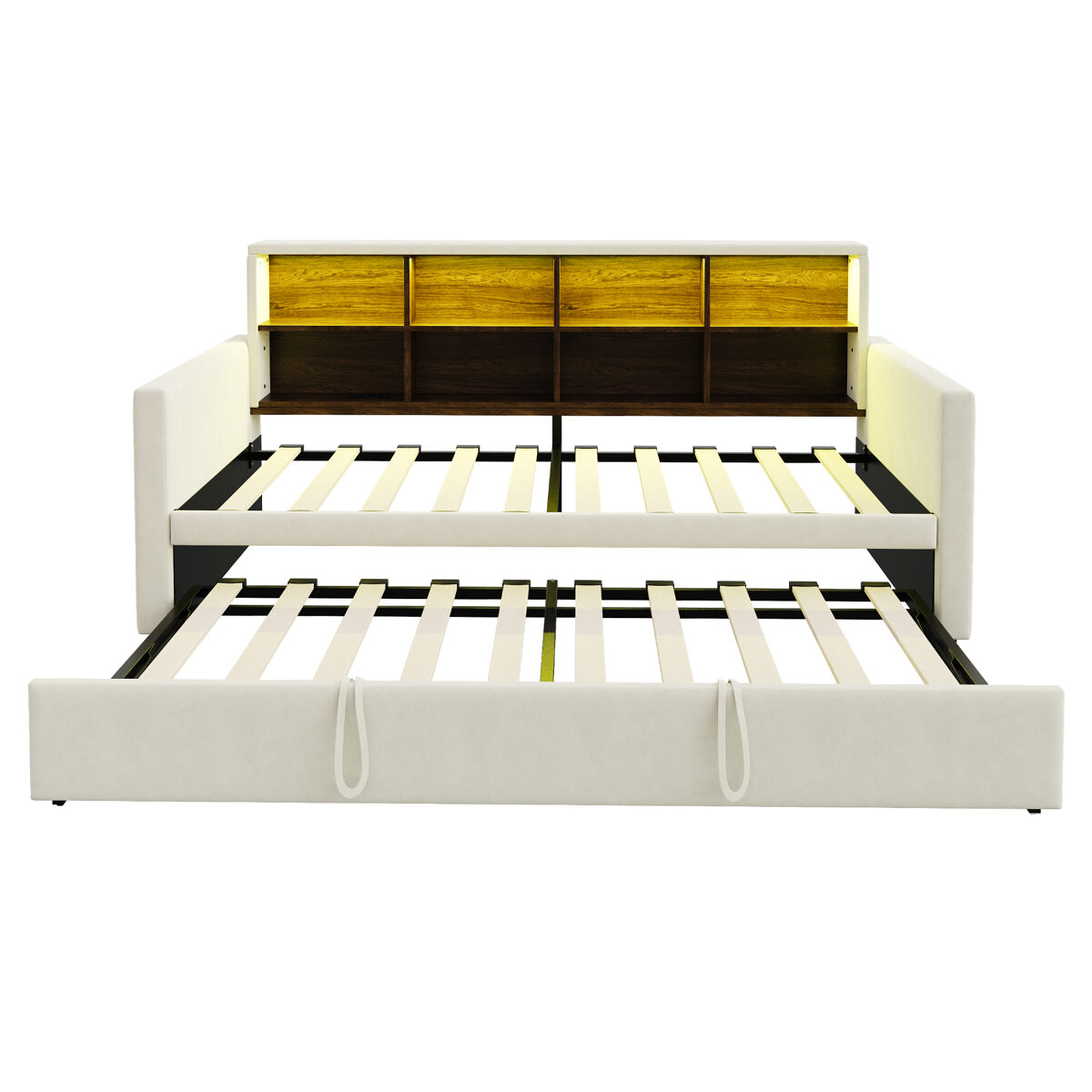 Sofá-cama 90x190 cm - cabeceira com arrumação, led, tomada de carregamento, com cama extraível - bege