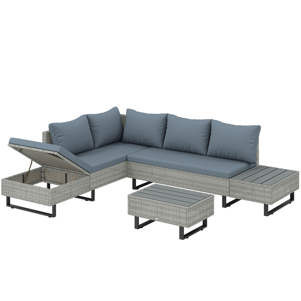 Outsunny conjunto de jardim em vime de 3 peças encosto ajustável conjunto de terraço móveis de jardim exterior com almofadas sofá de 3 lugares sofá de 2 lugares mesa em madeira plástica cinzento