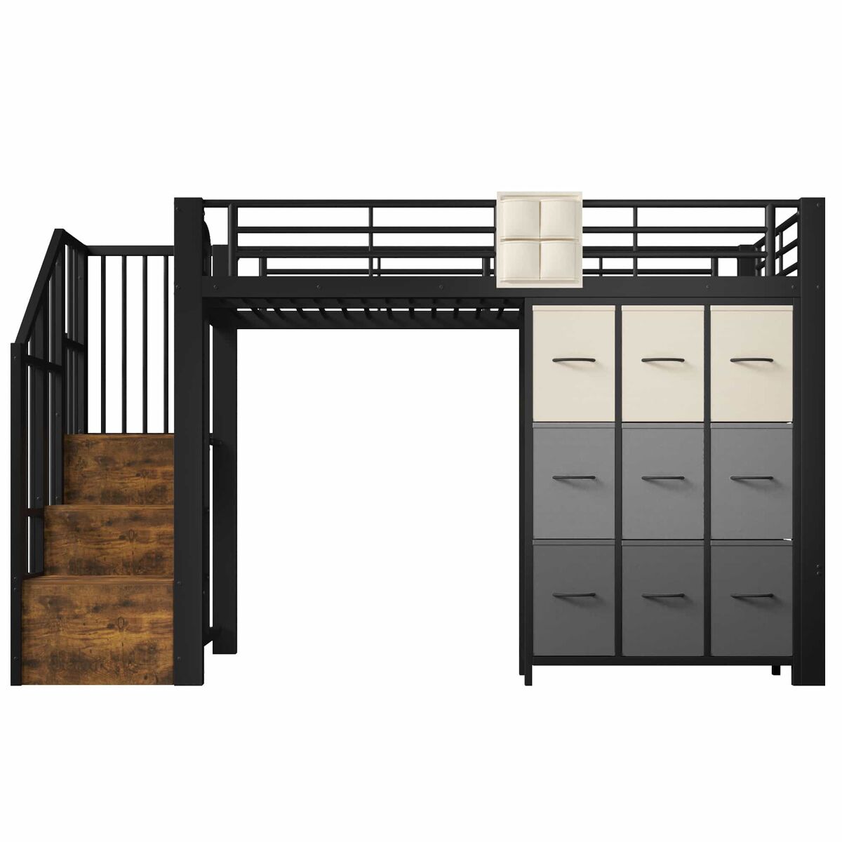 Beliche alto 90x200 cm - com gavetas, barra para roupa, grade de proteção, escada com espaço de arrumação - preto