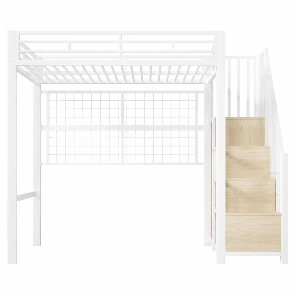 Cama alta 90x200 cm - estrutura em ferro, roupeiro integrado, escada com espaço de arrumação, grelha para pendurar objetos, espaço livre na parte inferior, luzes led com 7 cores, sem colchão - blanc