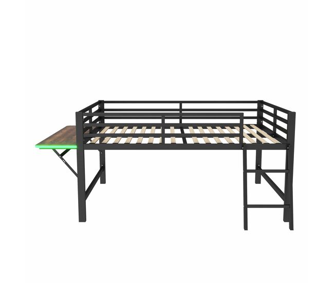 Cama baixa 140x200 cm - metal, sem colchão, grade de proteção, escada, secretária, faixa de led - preta