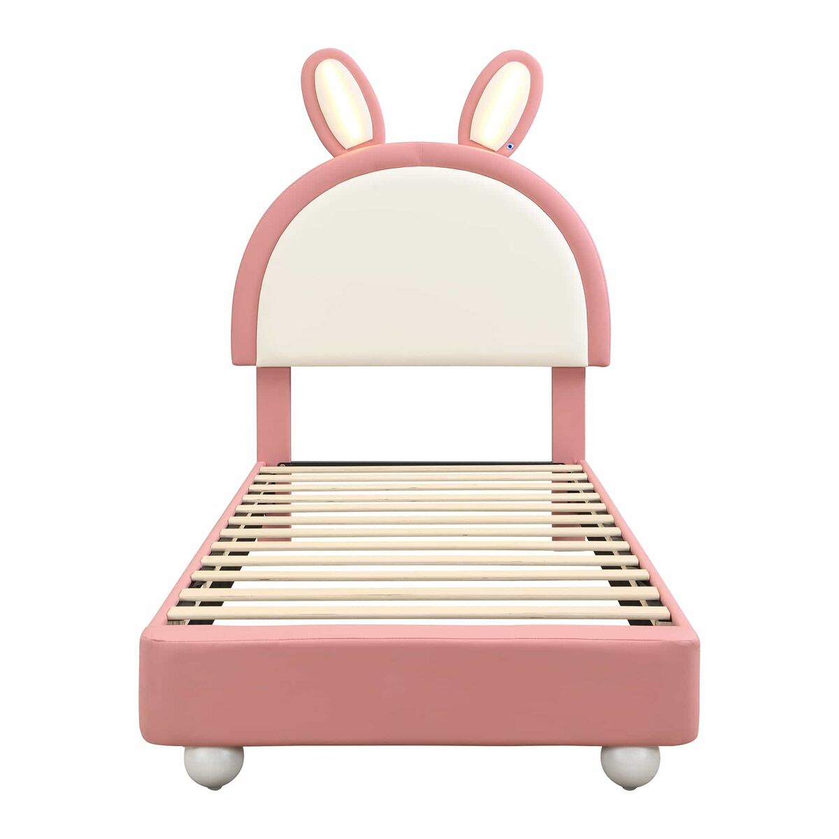 Cama estofada individual 90x200 cm - cabeceira em forma de coelho, faixa de led, borda de espuma anti-colisão, estrutura estável em pu + contraplacado