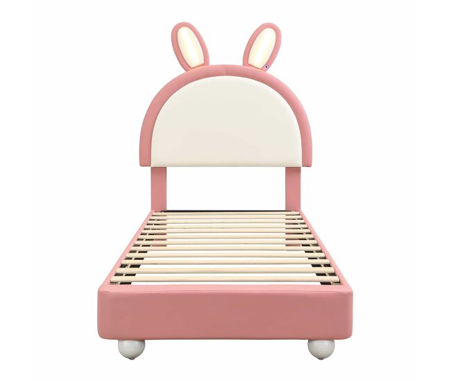 Cama estofada individual 90x200 cm - cabeceira em forma de coelho, faixa de led, borda de espuma anti-colisão, estrutura estável em pu + contraplacado