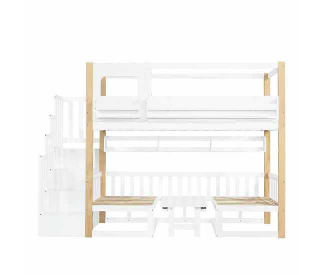 Beliche infantil 90x200 cm - com secretária regulável em altura, estante integrada e escada com espaço de arrumação - branco e natural