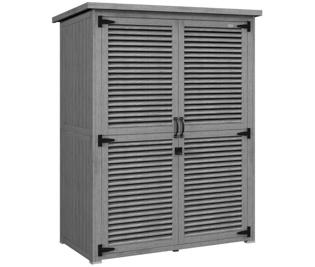 Outsunny casota de jardim em madeira, 127x65x168 cm, abrigo de exterior para armazenamento de ferramentas, com 2 portas de persiana, 2 estantes e