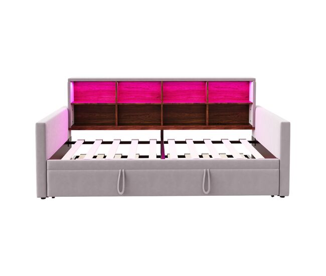 Sofá-cama 90x190 cm - cabeceira com arrumação, luz led, tomadas, cama extensível, estofamento em veludo - cinza claro