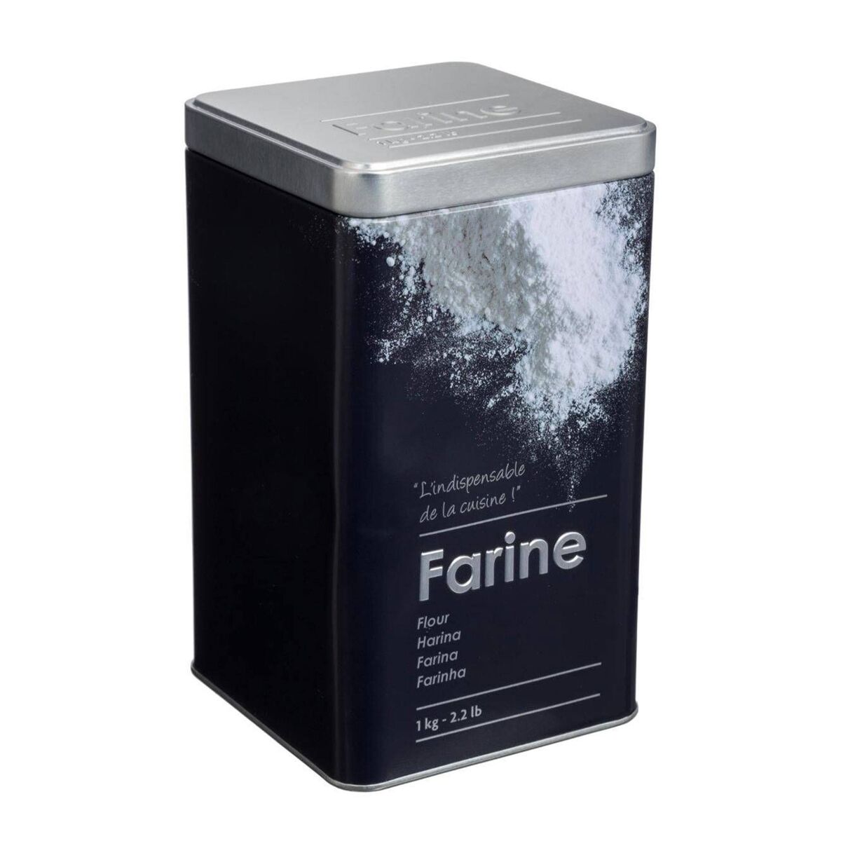 Pote de farinha Well Home em metal com relevo, edição preta.