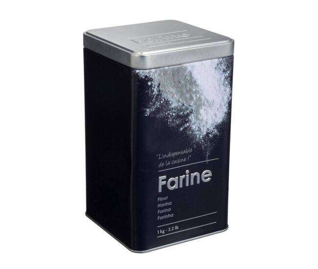 Pote de farinha well home em metal com relevo, edição preta.
